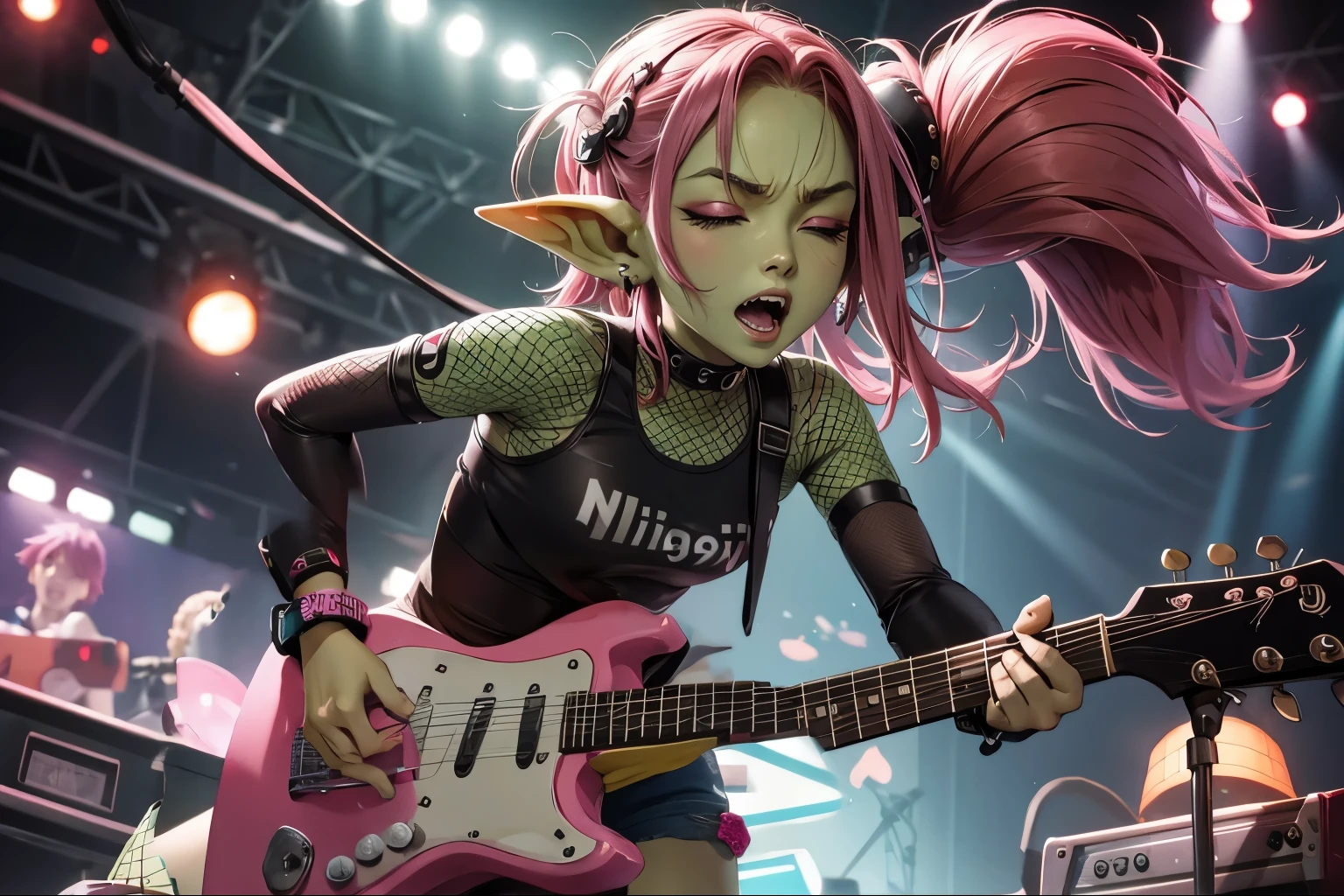 playing pink electric guitar