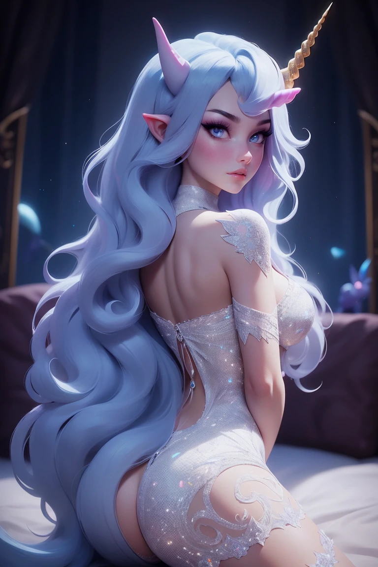 {-erro_de_anatomia:1.0} There is a white unicorn girl, blue mane and long mane, white unicorn, unicorn, unicorn horns, A unicorn, celestia, Nine stories, blue unicorn, soft dreamy, cinematic light《fangs》Unicorn in, mythological creatures, a mythical creature, Pokémon illustration, unicorns, a glaceon princess, white dress, opal eyes. Auroracore, ghostly iridescent, image good for rendering, laying in the bed, backwards, looking back. unicorn girl, full body.