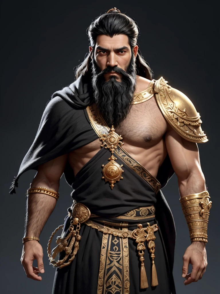 (masterpiece), (best quality),1boy,solo,black hair,(black beard) ,plenty of beard, (ancient man:1),Mesopotamian king,Arabian,(tanned skin),ancient luxurious long clothes, ancient golden crown,(looking at viewer:1.2),animation style render, 3D,full body, standing, (pixer style:1.1),(Bokeh) ,(clay) ,(sharp focus),(simple backgroud:1.5),modern disney style