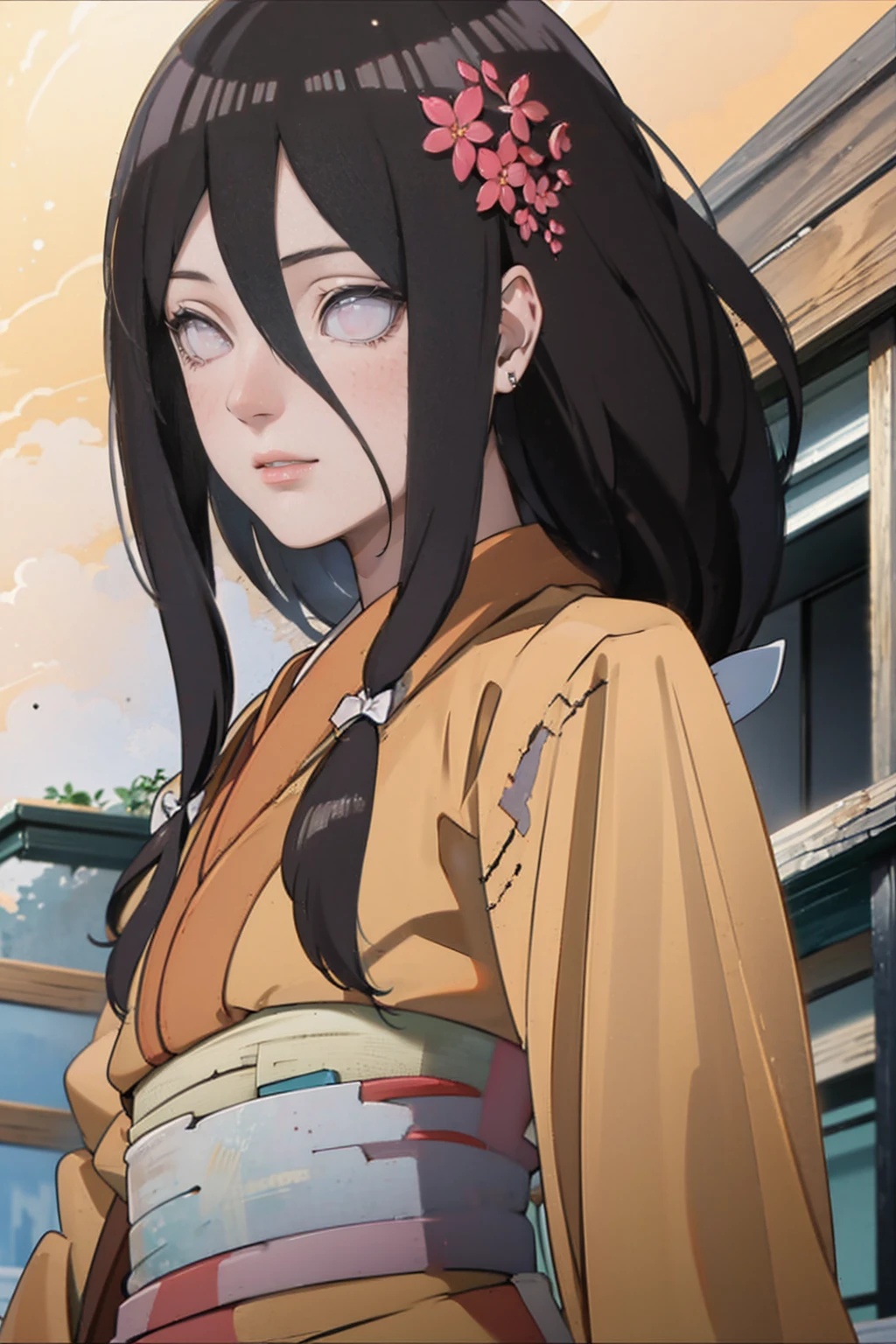 tmasterpiece， hoang lap ， （Complicated details）， （rich colourful）， movie lighting， bust， the Extremely Detailed CG Unity 8K Wallpapers ， Hinata flower ratio， 1girll， solo， orange kimono， Red hakama skirt， obi strip， Wide sleeves， looking at viewert， ventania， Combat posture， Low hair tied long，dinamic poses, lilac eyes, sitting oh the floor, backwards, looking back