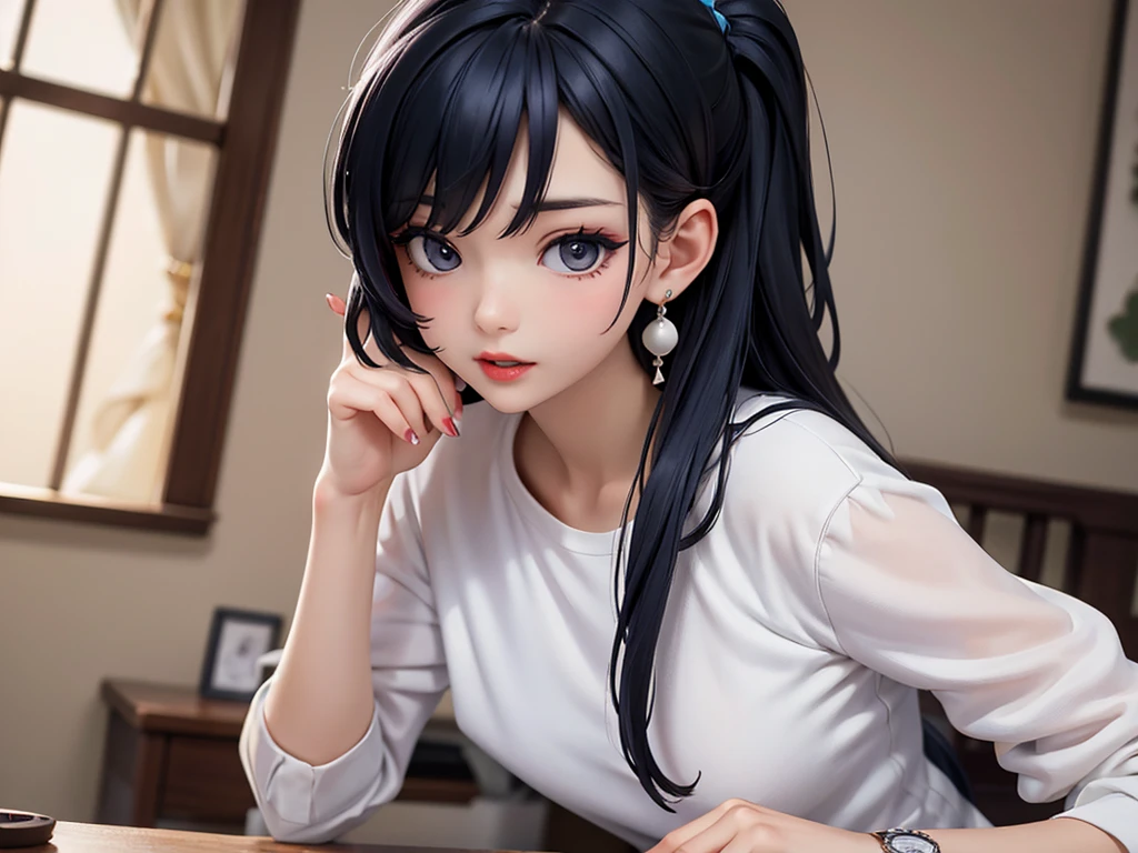 top quality、Top image quality、Masterpiece、age girl((White shirt、black trousers、18 years old、 Ajer、best bust、big bast,black eyes, blue hair、A slender one,Oyama Valley、Red lipstick makeup、cute earrings、Silver Watch、chest together、sit up、Create a captivating pose eyeshadow for your eyes)),high quality、beautiful art、background with((white wall、Photography Studio))Masterpiece、depth of field,Camera Film Style