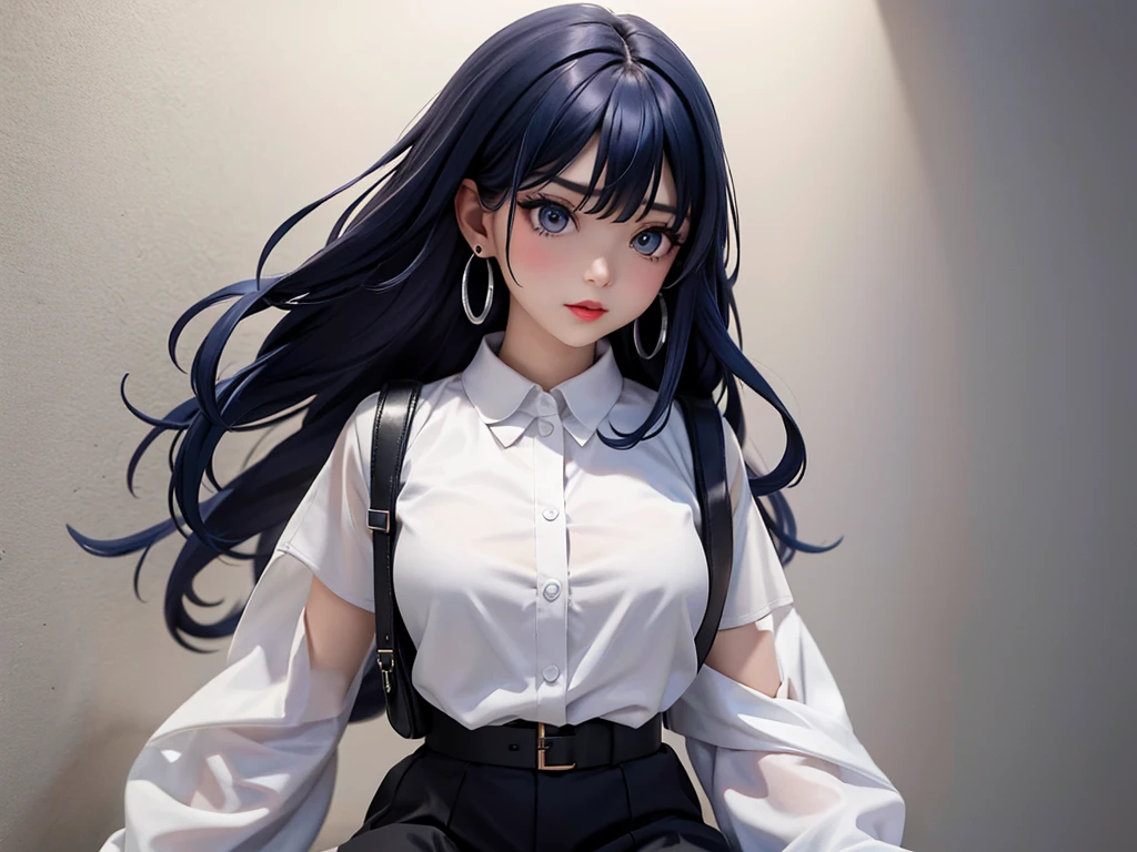 top quality、Top image quality、Masterpiece、teenage girl((White shirt、black trousers、18 years old、 Ajer、best bust、big bast,black eyes, blue hair、A slender one,Oyama Valley、Red lipstick makeup、cute earrings、Silver Watch、chest together、sit up、Create a captivating pose eyeshadow for your eyes)),high quality、beautiful art、background with((white wall、Photography Studio))Masterpiece、depth of field,Camera Film Style