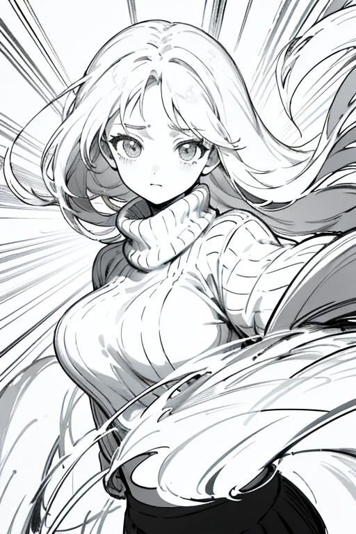 ((highest quality)), ((masterpiece)), (be familiar with), perfect face、girl、line drawing、anime style、Flaxen Turtleneck Sweater、Show the whole body、draft、monochrome、rough、grab the skirt with your hands、long hair、black hair、cool、Calm、big breasts、Lower body naked、pubic hair