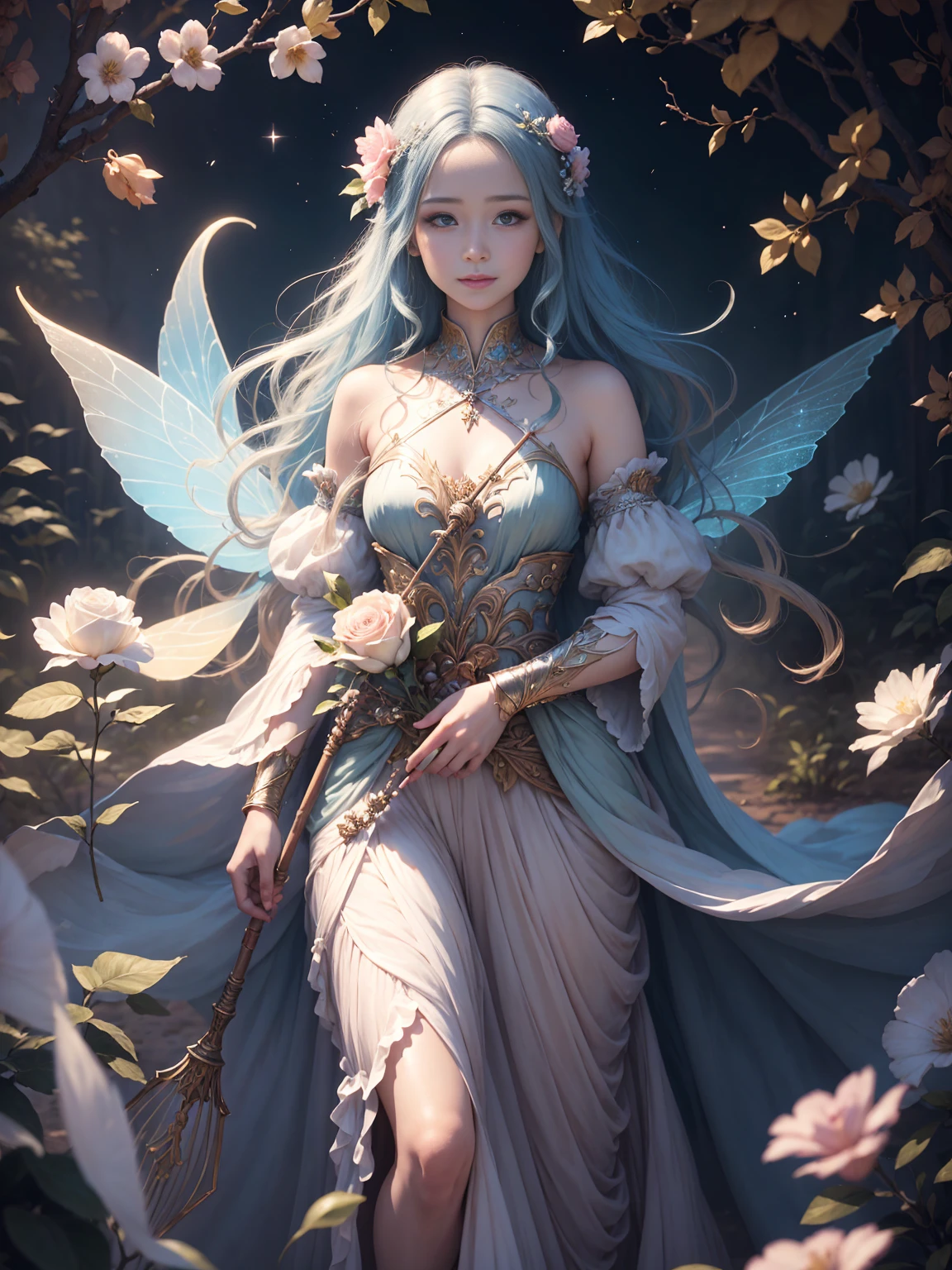 beautiful transparent flower fairy baby, transparent colorful feathers, the cane waving in the wind、The cane shone in the starlight,golden cane,Beautiful blue sky and white clouds、the girl has transparent wings、smile gently、Beautiful garden background、gentle and transparent,correct anatomy, delicate pattern,pink rose space, soft lighting, ( Bokeh),masterpiece, Super detailed, magnificent composition, highest quality, 8K,Epic romantic fantasy digital art,epic fairy tale fantasy digital art,mythological fantasy,UHD resolution,Detailed detail drawing,Realistic,非常にRealisticな,cinematic lighting,award winning photos,rich colors,Ultra-realistic life-like textures,dramatic lighting