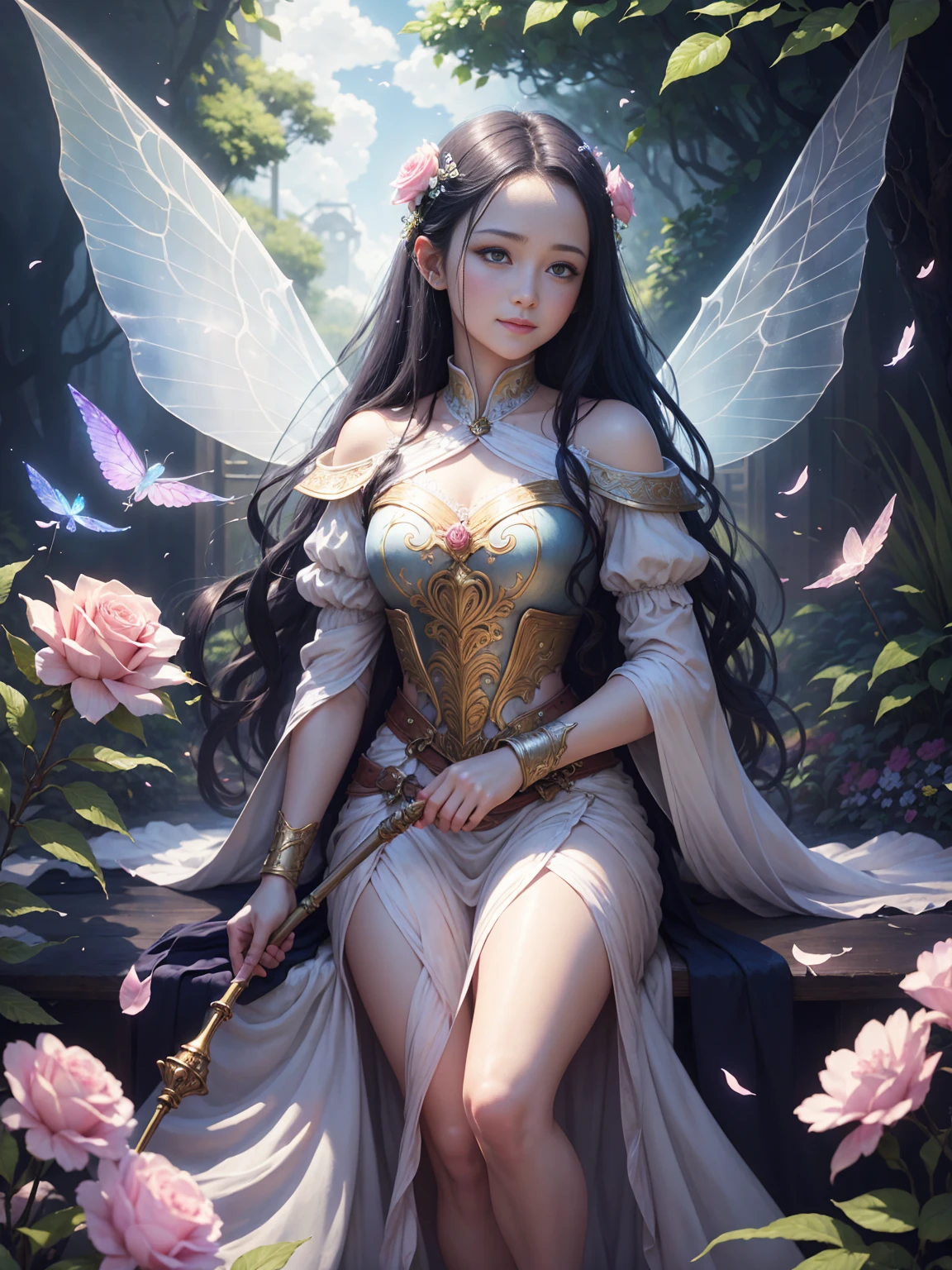 beautiful transparent flower fairy baby, transparent colorful feathers, the cane waving in the wind､The cane shone in the starlight，golden cane，Beautiful blue sky and white clouds、the girl has transparent wings､smile gently､Beautiful garden background､gentle and transparent，correct anatomy, delicate pattern，pink rose space, soft lighting, ( Bokeh)，masterpiece, Super detailed, magnificent composition, highest quality, 8K，Epic romantic fantasy digital art，epic fairy tale fantasy digital art，mythological fantasy，UHD resolution，Detailed detail drawing，Realistic，非常にRealisticな，cinematic lighting,award winning photos,rich colors，Ultra-realistic life-like textures，dramatic lighting