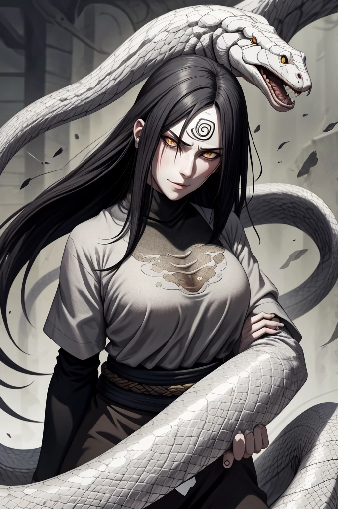{-erro_de_anatomia:1.0} estilo anime, Masterpiece, absurdities, Orochimaru\(Naruto\), 1girl Solo, Mature woman, Oversized shirt with broad shoulders, Perfect composition, Detailed lips, large breasts, Beautiful face, body proportion, Blush, Long black hair, ( black hair), yellow eyes, Soft gauze, Super realistic, Detailed, photo shoot, Realistic faces and bodies, masterpiece, best quality, best ( white snake) illustration, hyper detailed, 1 girl, solo, glamorous, blushing, whole body,