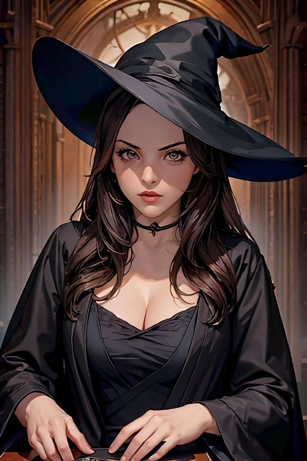 elizabeth gillies, dark brown hair, black witch hat, black robe, half up, Looking at the camera, (High resolution of the highest quality), ((masterpiece best quality:1.2))