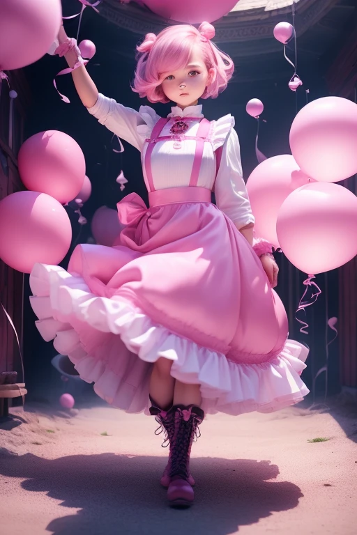 a  girls, (((she is having a pink balloon))) , real photo, (((full body))), (looking above at me),  bob hair, big ribbon on he hair, (apron, leather long skirt, boots), 