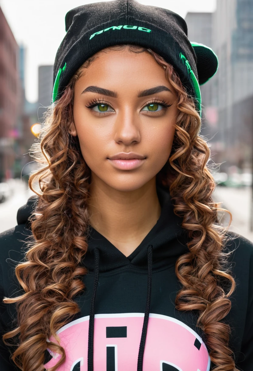 slightly tall young woman, light brown skin, light green eyes. Long brown curly hair with pigtails. Black Graphic Hoodie, Pink Beanie, necklace, transparent lipgloss, slim built, very beautiful, late adolescent, 19 years old, full body photo, long legs, modern city setting, cold weather.