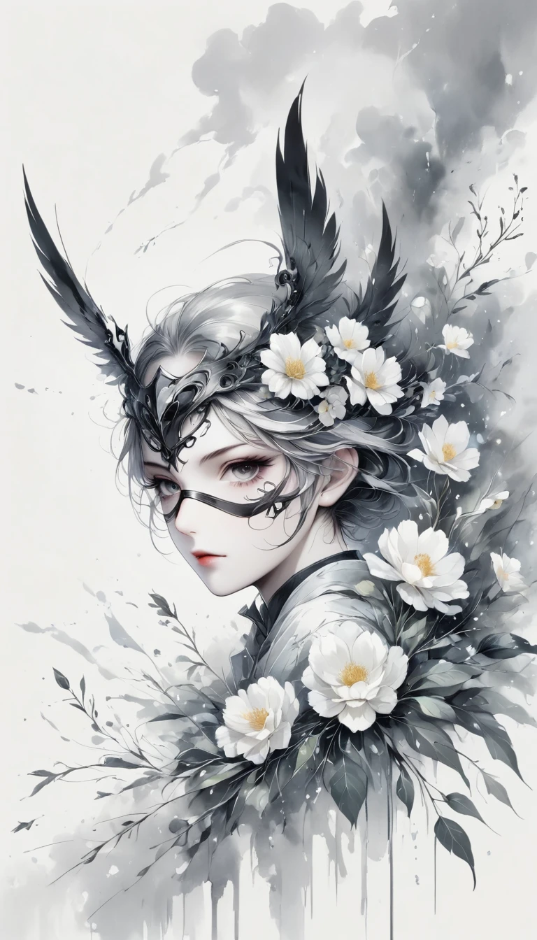 Anime line drawing，black and white painting，Minimalism，line art，mask，flower