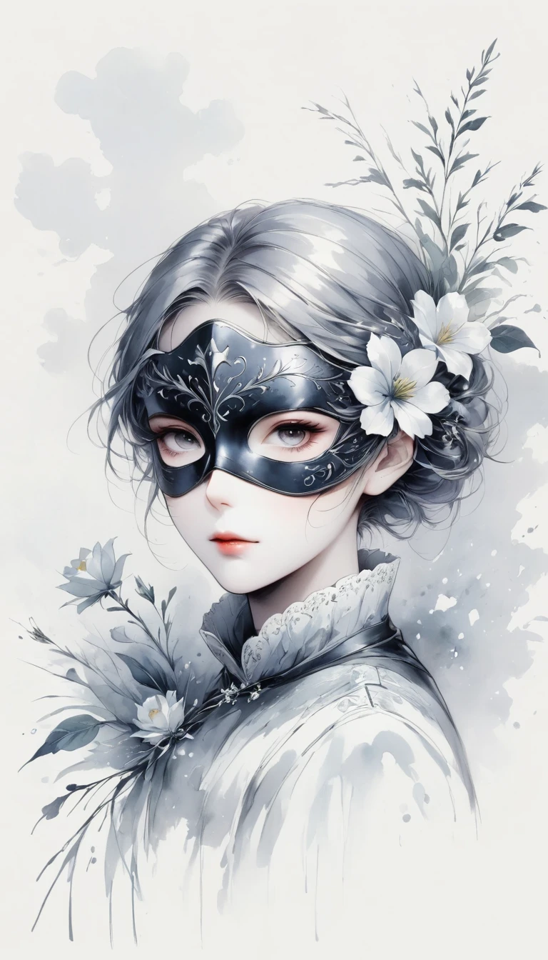 Anime line drawing，black and white painting，Minimalism，line art，mask，flower