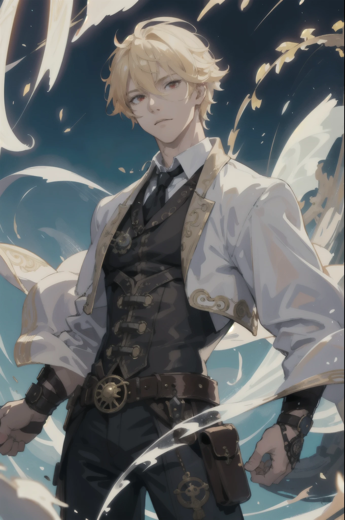 masterpiece, best quality, 1 male, aldult, Tall and muscular, Handsome, red eyes, intricate details, blond hair, (Style Swirl Magic:1.0), look down, alone, Upper body, Detailed background, Detailed face, (steampunk theme:1.1) The Wizard, Colorful magic robe, definite expression, White color scheme, Sky blue light, Summoning Circle, Translucent Floating Dragon Soul, glowing magic runes, Sunny atmosphere, shadow, Realistic lighting, floating particles, spark,, Flowing cloud,flowing water,Blooming like spring breeze