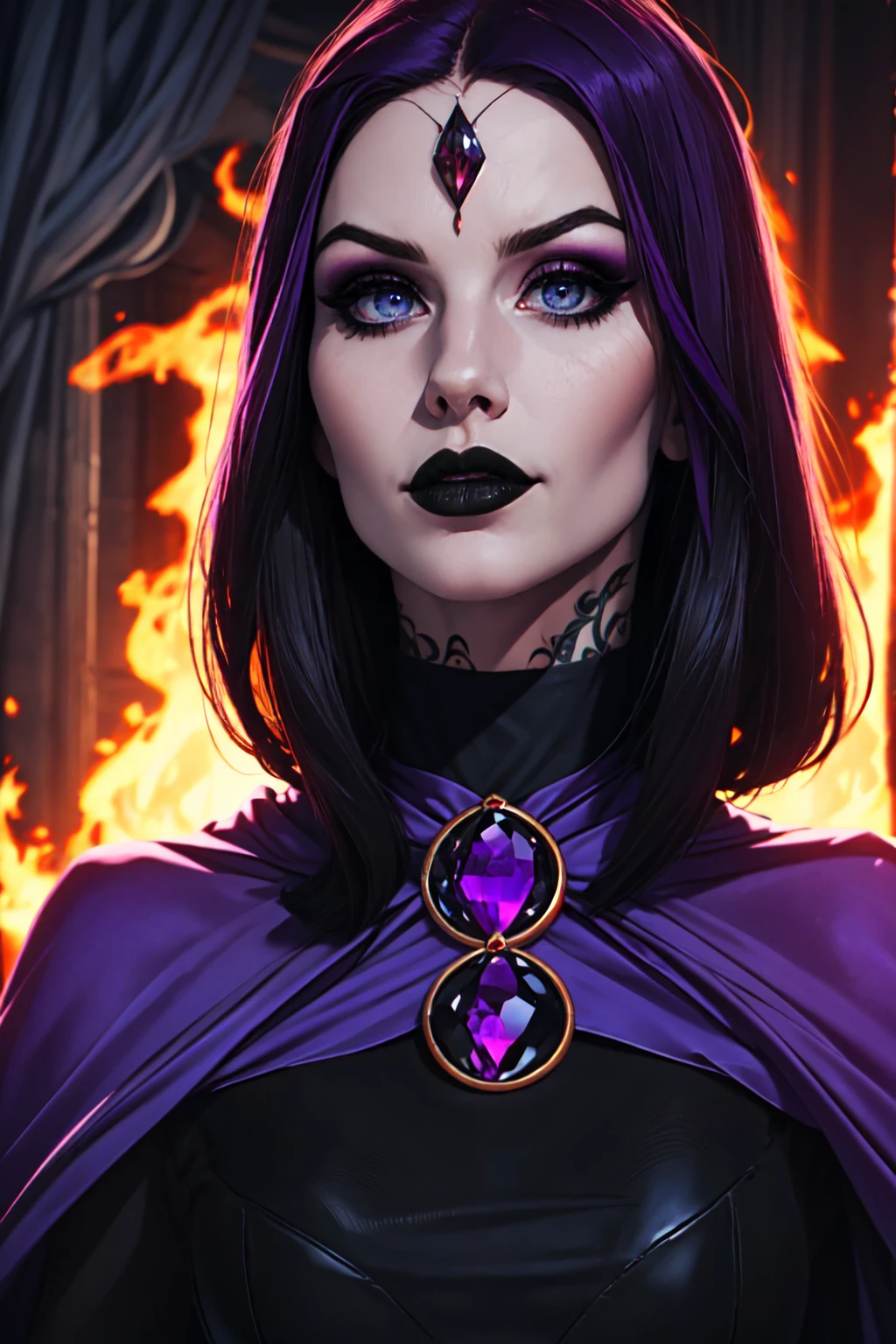 (Best Quality, 8k, Masterpiece, UHD), (Photo of Attractive Caucasian Gothic model Woman with tattoos), solo 1Girl as Raven, ((gemstone on forehead)), heavy makeup , cape, choker,very pale skin,Ultra Detailed Face, Detailed Lips, Fine Eyes, black lipstick, Fine Eyes, whole body, walking on fire