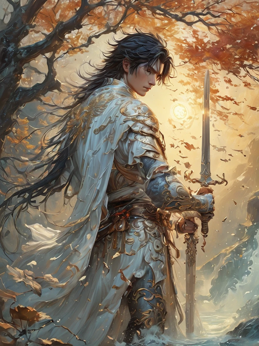 masterpiece，1 male，aldult，Beautiful face，young，advanced，Antique theme，Fairies，Ancient costumes，holding sword，Sunlight，street，Long hair flying，Sunlight，Background style，breeze blowing，Loose robe，fantasy landscape，Starlight around the character，（whole body），(first-person view, pov, UHD, retina, masterpiece, ccurate, anatomically correct, textured skin, super detail, award winning, 8k)
