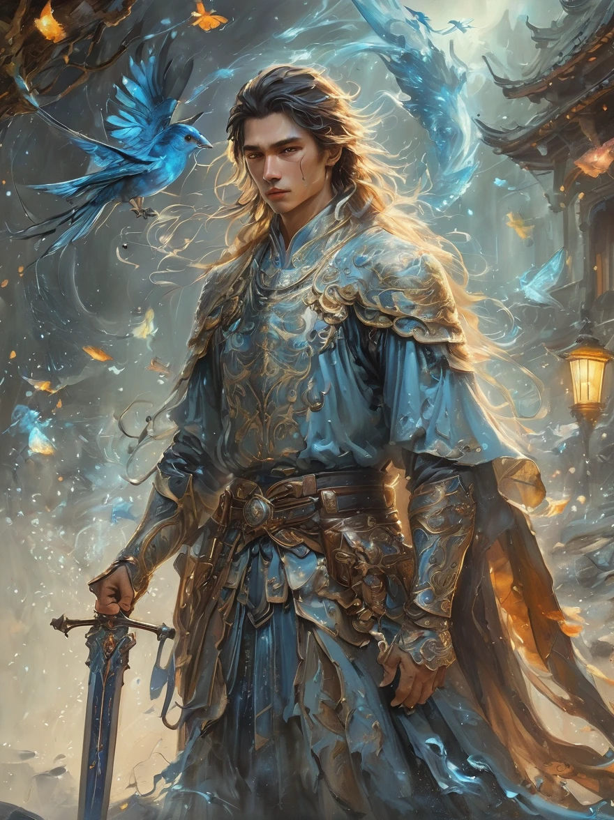 masterpiece，1 male，aldult，Beautiful face，young，advanced，Antique theme，Fairies，Ancient costumes，holding sword，Sunlight，street，Long hair flying，Sunlight，Background style，breeze blowing，Loose robe，fantasy landscape，Starlight around the character，（whole body），(first-person view, pov, UHD, retina, masterpiece, ccurate, anatomically correct, textured skin, super detail, award winning, 8k)
