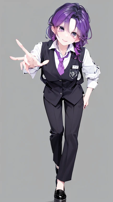 Purple haired woman,bartender,vest,shirt,tie,pants,all,simple background,smile,whole body,full body,full body,Standing picture,vtuber,front,from front,viewer'point of view,視線をfrontに,