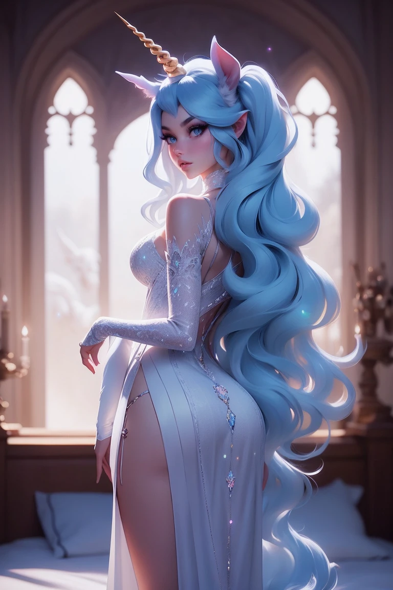 {-erro_de_anatomia:1.0} There is a white unicorn girl, blue mane and long mane, white unicorn, unicorn, unicorn horns, A unicorn, celestia, Nine stories, blue unicorn, soft dreamy, cinematic light《fangs》Unicorn in, mythological creatures, a mythical creature, Pokémon illustration, unicorns, a glaceon princess, white dress, opal eyes. Auroracore, ghostly iridescent, image good for rendering, laying in the bed, backwards, looking back. unicorn girl, full body.