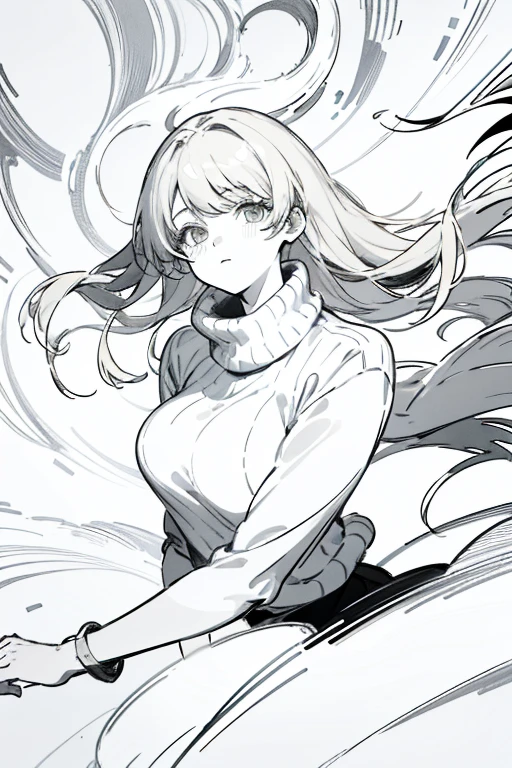 ((highest quality)), ((masterpiece)), (be familiar with), perfect face、girl、line drawing、anime style、Flaxen Turtleneck Sweater、Show the whole body、draft、monochrome、rough、grab the skirt with your hands、long hair、black hair、cool、Calm、big breasts、Lower body naked
