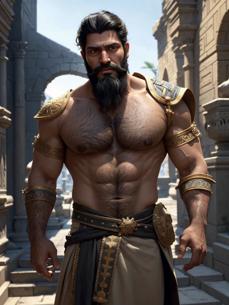 (masterpiece), (best quality),1boy,solo,black hair,(black beard) ,plenty of beard, (ancient man:1),Mesopotamian king,Arabian,(tanned skin),ancient luxurious long clothes, ancient golden crown,(looking at viewer:1.2),animation style render, 3D,full body, standing, (pixer style:1.1),(Bokeh) ,(clay) ,(sharp focus),(simple backgroud:1.5),modern disney style