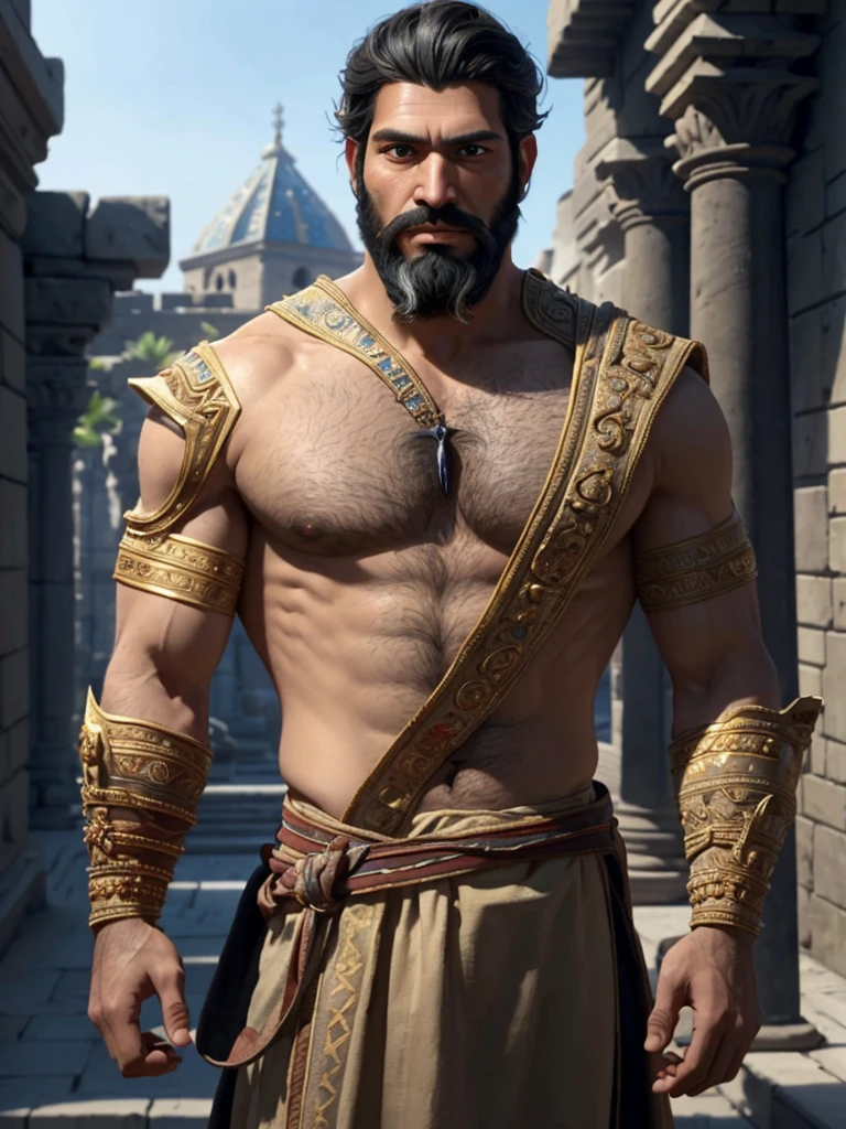 (masterpiece), (best quality),1boy,solo,black hair,(black beard) ,plenty of beard, (ancient man:1),Mesopotamian king,Arabian,(tanned skin),ancient luxurious long clothes, ancient golden crown,(looking at viewer:1.2),animation style render, 3D,full body, standing, (pixer style:1.1),(Bokeh) ,(clay) ,(sharp focus),(simple backgroud:1.5),modern disney style