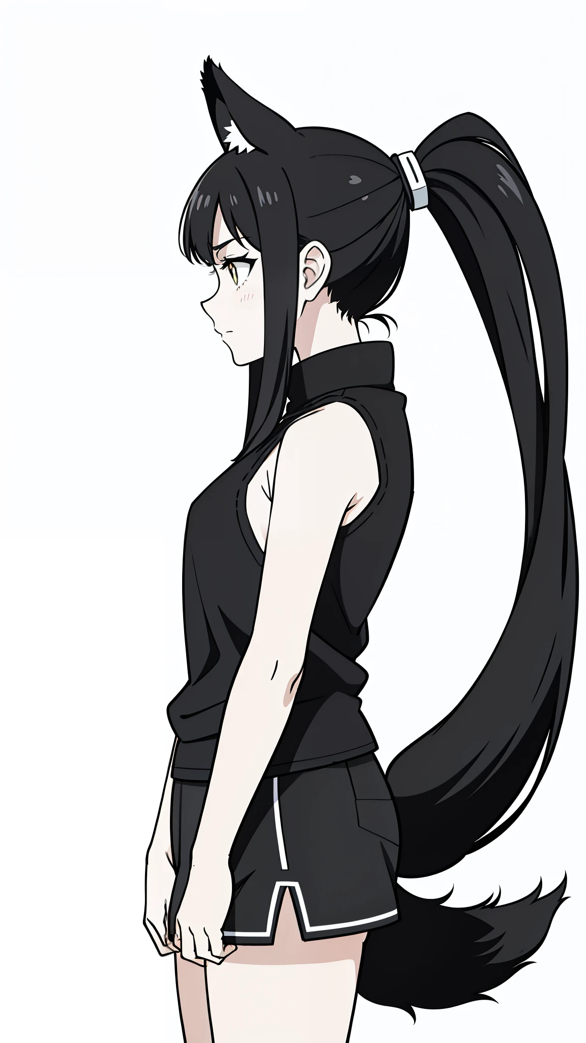 (1girl,16 years old),solo,serious,black hair,ponytail hair,long hair,fox ears,black shirt,sleeveless,black shorts,(white background,line drawing),fox tail,profile