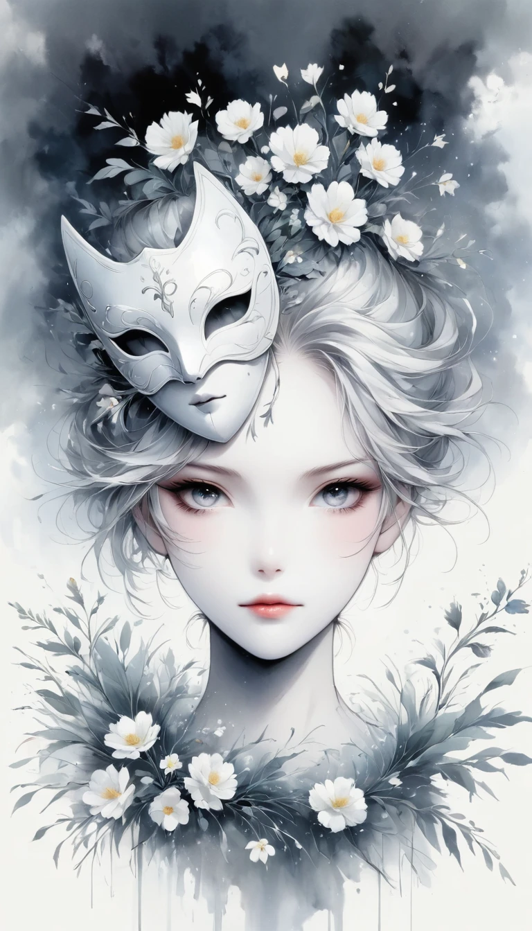 Anime line drawing,black and white painting,Minimalism,line art,mask,flower