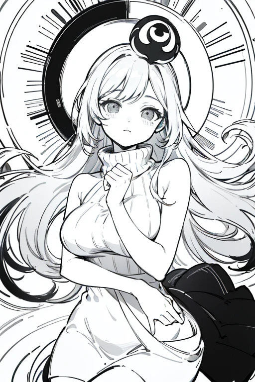 ((highest quality)), ((masterpiece)), (be familiar with), perfect face、girl、line drawing、anime style、Flaxen Turtleneck Sweater、Show the whole body、draft、monochrome、rough、grab the skirt with your hands、long hair、black hair、cool、Calm、big breasts、Lower body naked、labia majora