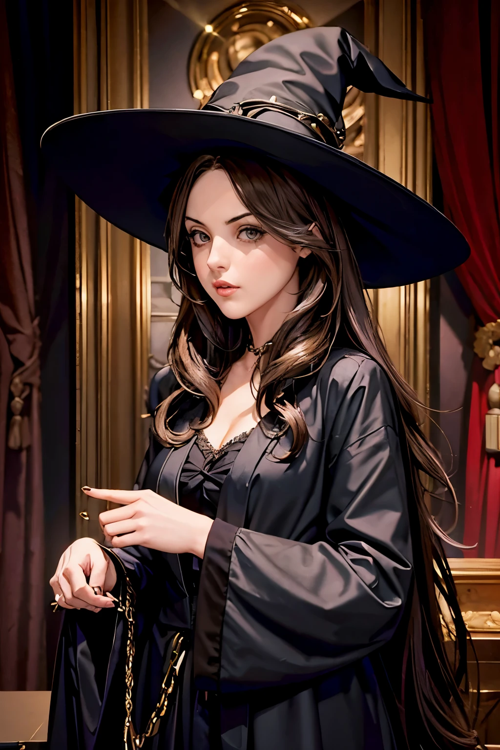 elizabeth gillies, dark brown hair, black witch hat, black robe, golden details, half up, Looking at the audience, (High resolution of the highest quality), ((masterpiece best quality:1.2)), inn background