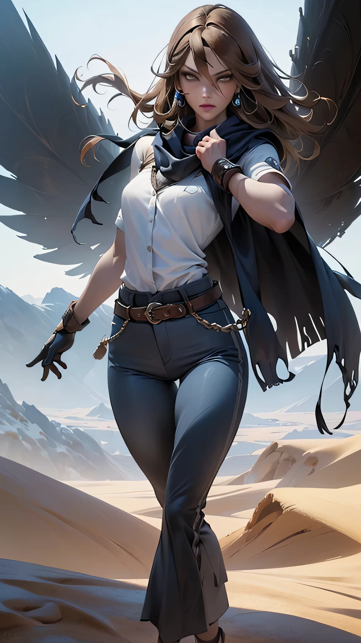 la mejor calidad posible, 8K ultra resolution, Stunning illustration, Lo mejor de todo, premiado, como ser el mejor,(( Sombrero de aviador, Leather belt with buckle, ropa de aviador, Action pose Adds effect at the end., gafas de aviador, scarf neck length, light Brown wide pants:1.6)), ((cian, Brown, rosado, blanco: 1.5)), epic desert setting: 1.5, Fotorrealista: 1.4, Textura de la piel: 1.4, super masterpiece, super detailed, Hiper detallado, 32k
