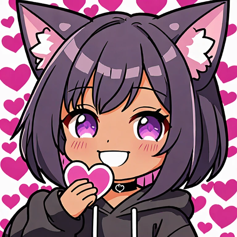 (flat cell shaded:1.1), girl, chibi, , short black hair, purple eyes, cat ears, choker, black oversized hoodie, tan skin, simple background, portrait, (sticker:0.75),smile, holding a pink heart ,white ear fluff