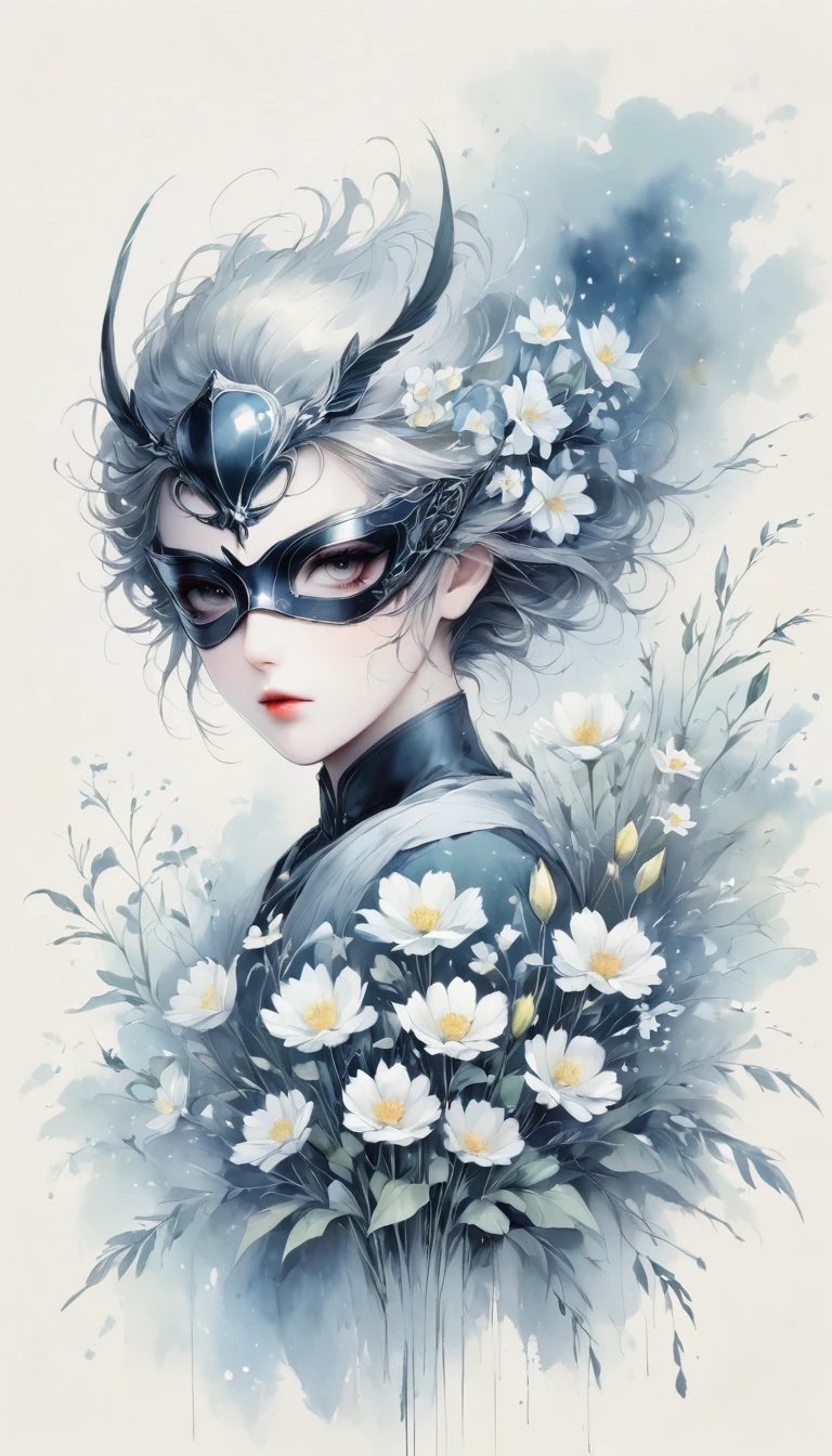 Anime line drawing,black and white painting,Minimalism,line art,mask,flower