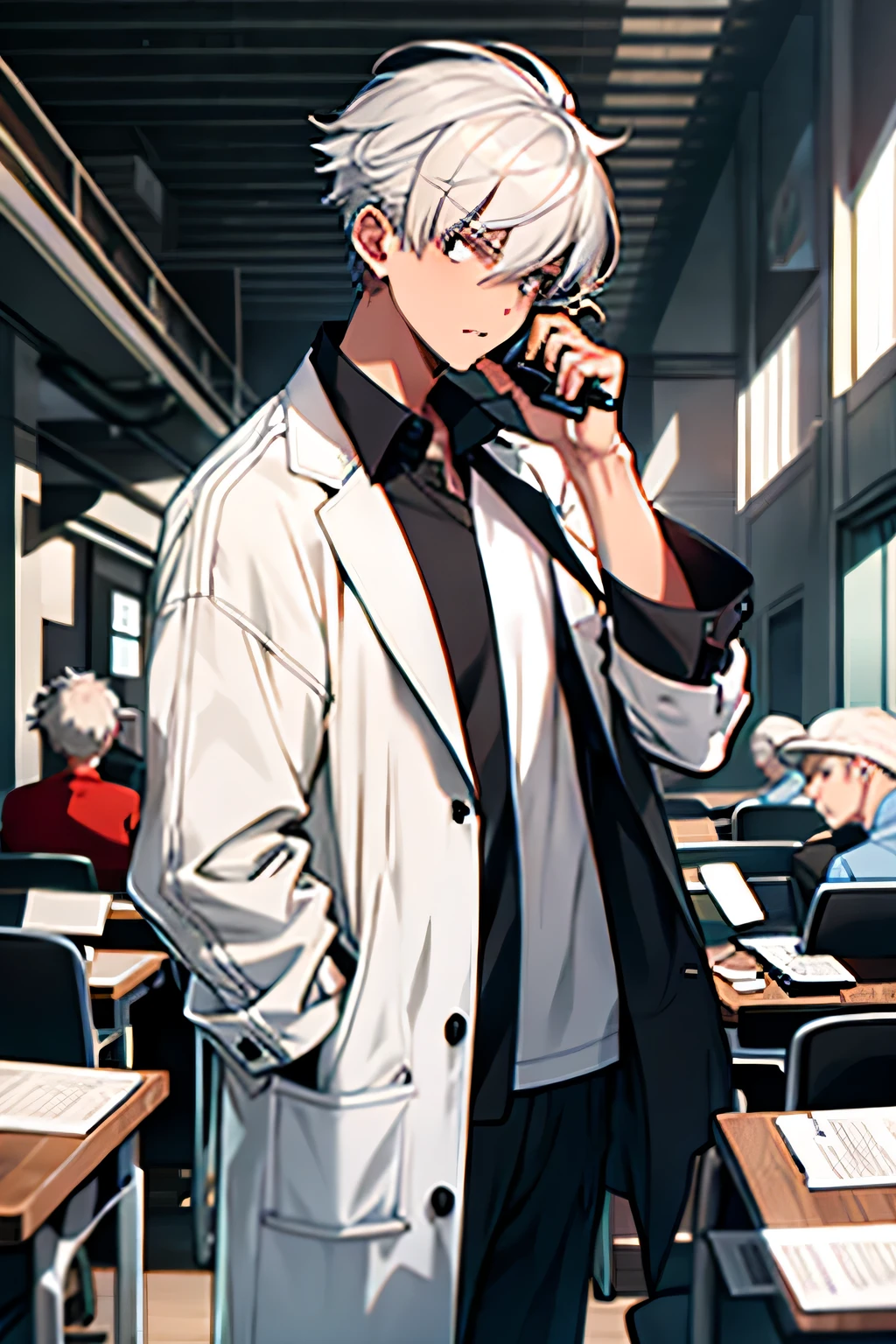 White-haired boy，Lecture Telephone，Panic，Casual wear，Lose sleep over something