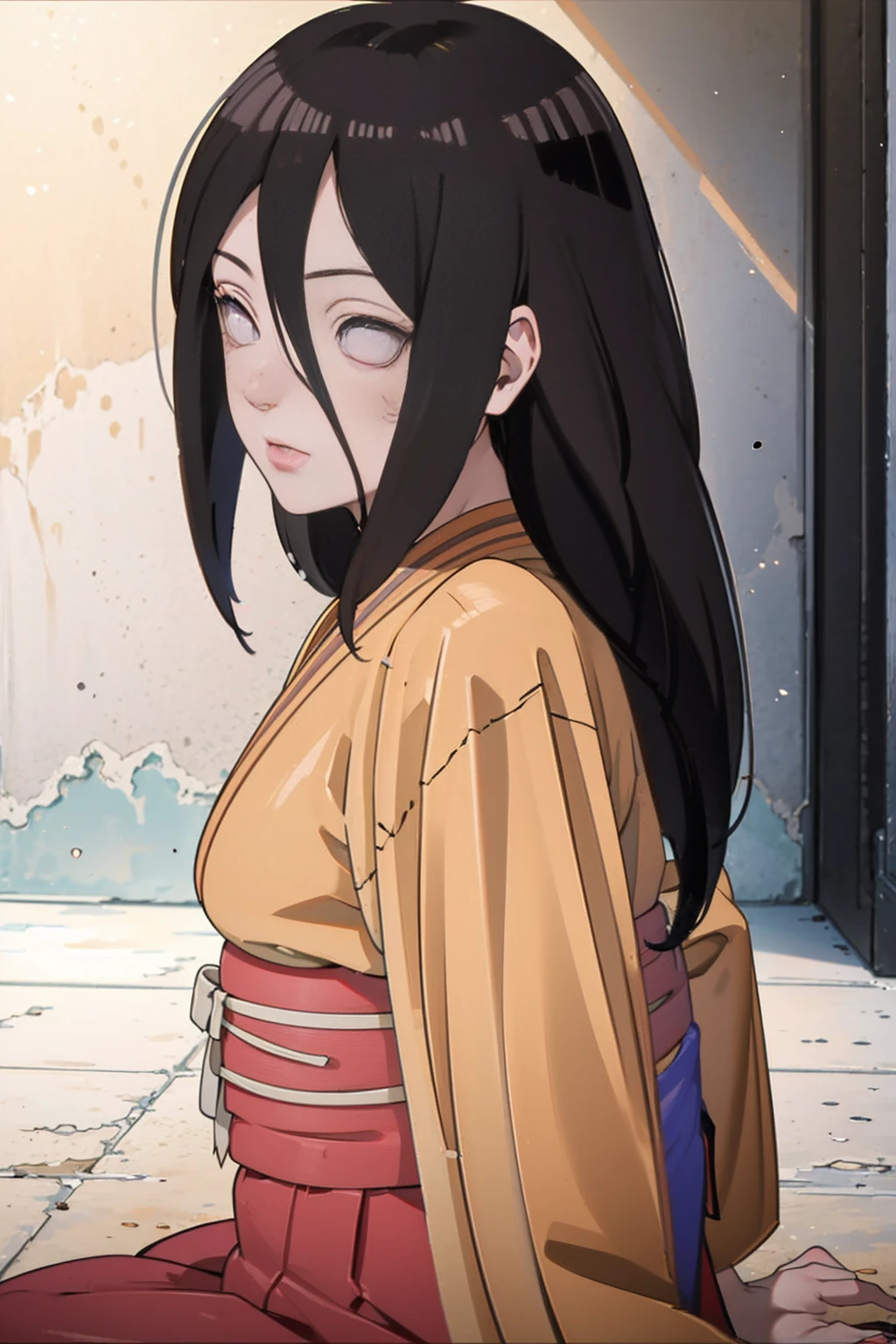tmasterpiece, hoang lap , (Complicated details), (rich colourful), movie lighting, bust, the Extremely Detailed CG Unity 8K Wallpapers , Hinata flower ratio, 1girll, solo, orange kimono, Red hakama skirt, obi strip, Wide sleeves, looking at viewert, ventania, Combat posture, Low hair tied long,dinamic poses, lilac eyes, sitting oh the floor, backwards, looking back