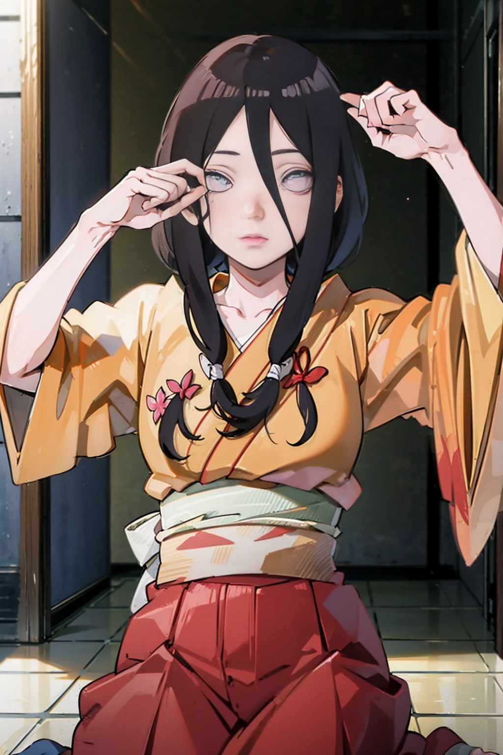 tmasterpiece, hoang lap , (Complicated details), (rich colourful), movie lighting, bust, the Extremely Detailed CG Unity 8K Wallpapers , Hinata flower ratio, 1girll, solo, orange kimono, Red hakama skirt, obi strip, Wide sleeves, looking at viewert, ventania, Combat posture, Low hair tied long,dinamic poses, lilac eyes, sitting oh the floor, backwards, looking back