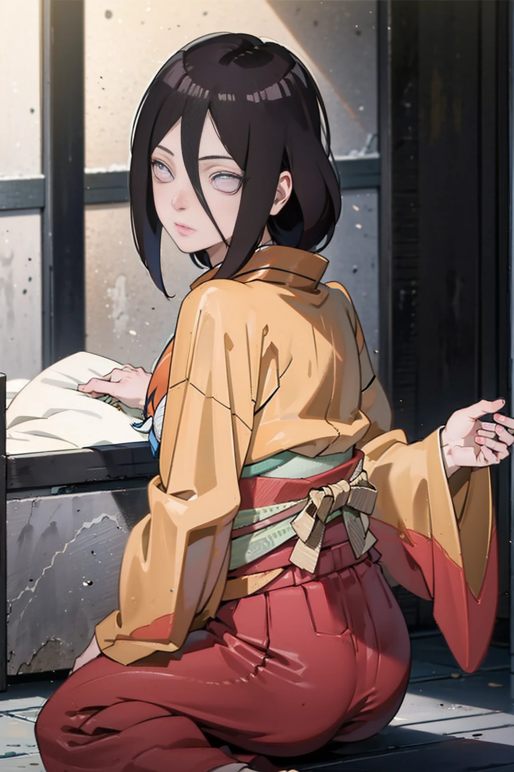 tmasterpiece， hoang lap ， （Complicated details）， （rich colourful）， movie lighting， bust， the Extremely Detailed CG Unity 8K Wallpapers ， Hinata flower ratio， 1girll， solo， orange kimono， Red hakama skirt， obi strip， Wide sleeves， looking at viewert， ventania， Combat posture， Low hair tied long，dinamic poses, lilac eyes, sitting oh the floor, backwards, looking back