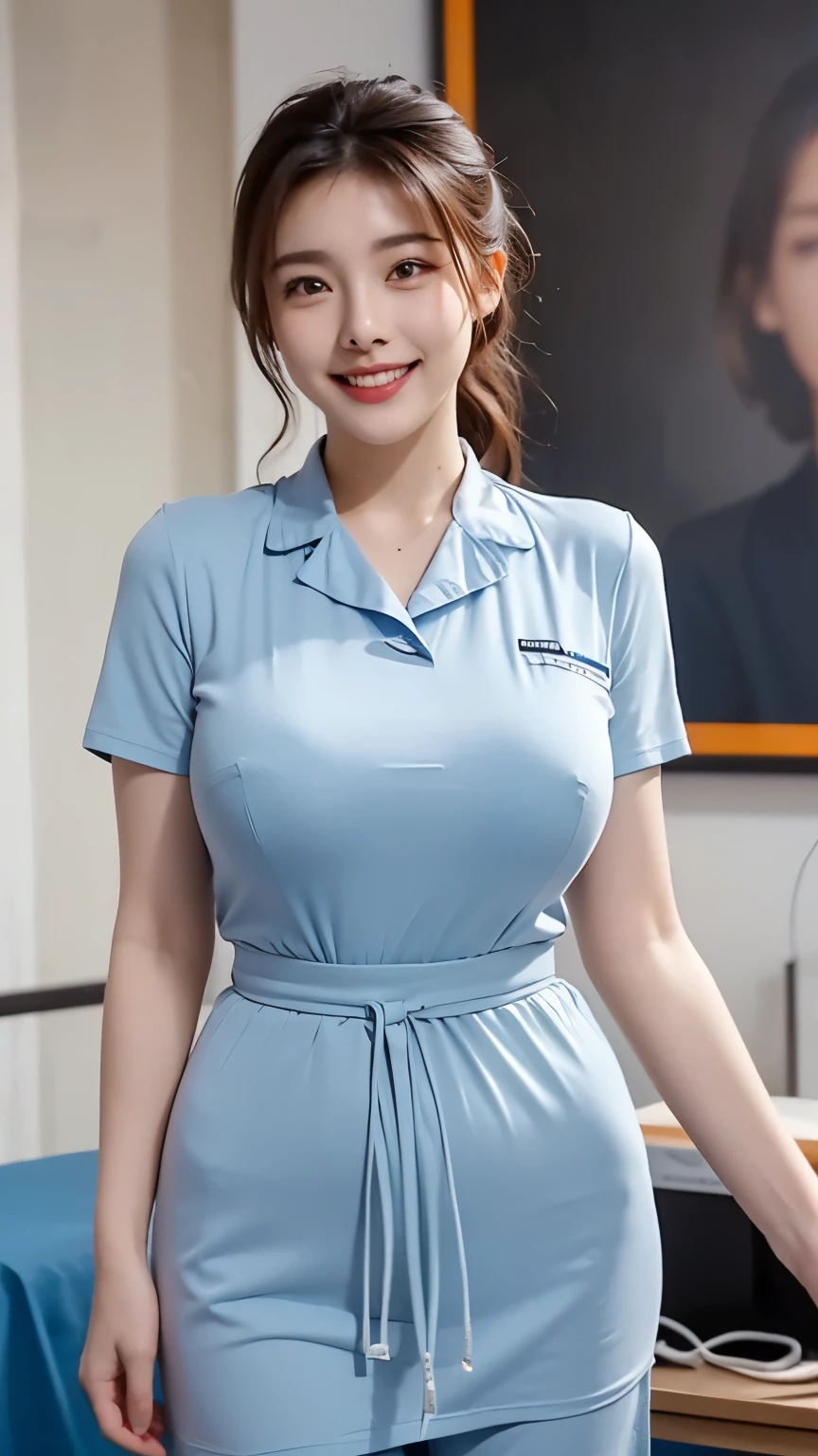 (One ultimate beautiful mature woman), experienced nurse, very detailed顔, detailed lips, detailed eye, double eyelid, brunette updo, (grin and laugh), ((beautiful teeth)), (((wearing a blue nurse uniform)))), big breasts, (thighs thighs thighs), Perfect fit, perfect body, perfect face, (((background: Hospital room with lots of medical equipment)))、(Depth of bounds written), Perfect image realism, With detailed background, detailed costume, perfection、hyper realism、Photoreal、8K maximum resolution, (masterpiece), very detailed, Professional