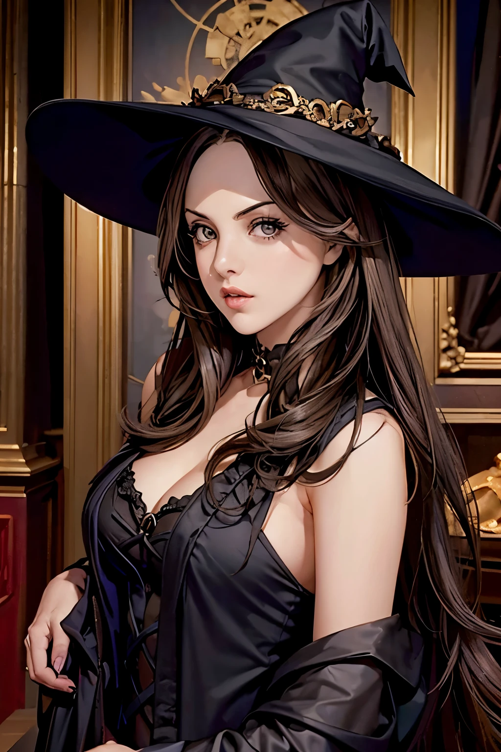 elizabeth gillies, dark brown hair, black witch hat, black robe, golden details, half up, Looking at the audience, (High resolution of the highest quality), ((masterpiece best quality:1.2)), inn background