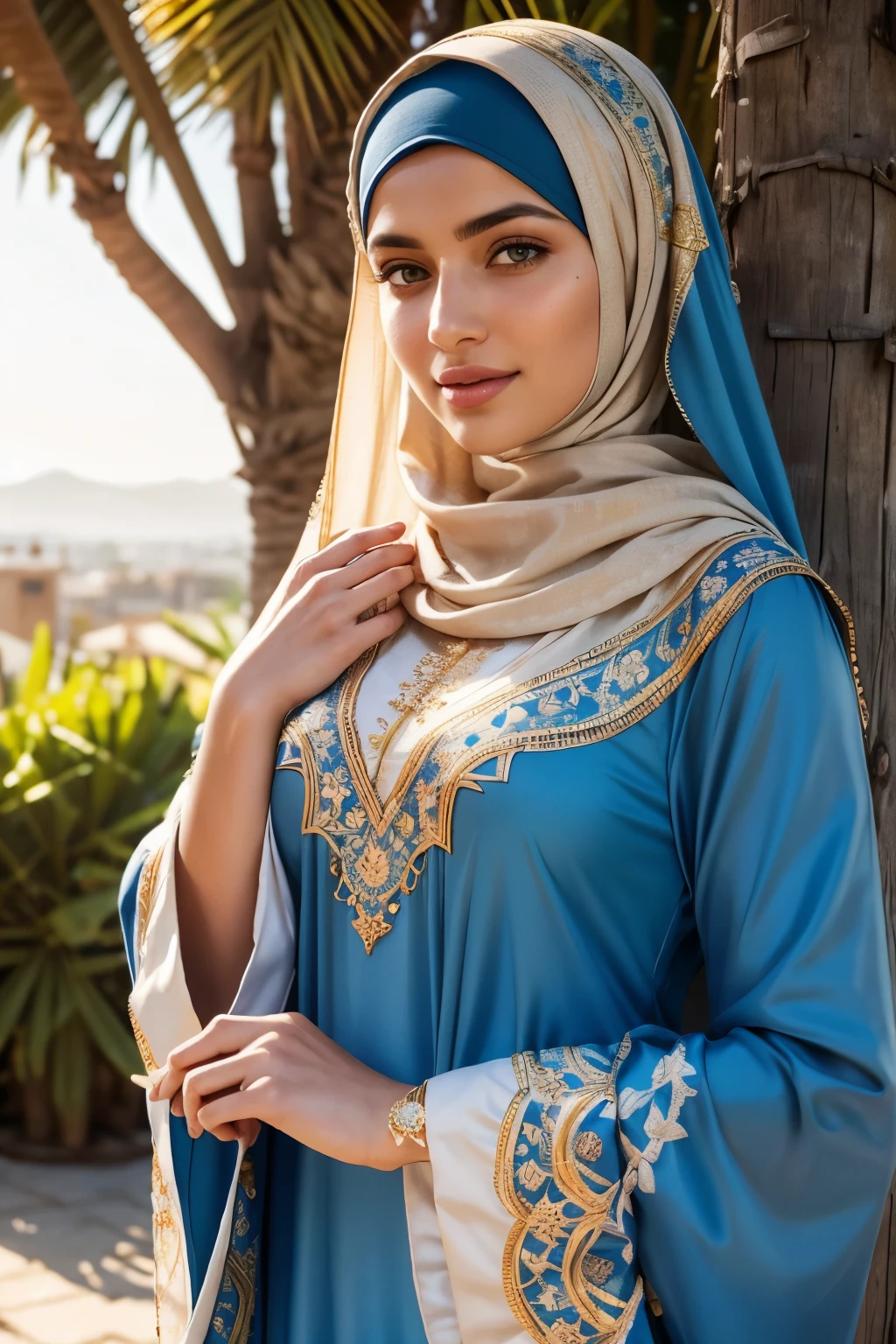 RAW, Best quality, high resolution, Masterpiece: 1.3), Beautiful Algerian woman in traditional Muslim attire (Thobe and Hijab), Eid celebration, Serene and Radiant, Detailed body and face, Oily skin glowing under the sun, intricate embroidery, Blue color theme, Soft smile, Charming eyes, Traditional Henna designs, Gold jewelry adornments, Hands holding colorful dates, Delicate headscarf design, Flowing dress with intricate patterns, Sunlit outdoor setting, Beautiful foliage, Friends and family gathering, Interfaith community coming together, warm and joyful atmosphere, 3D Octane rendering, ray tracing,