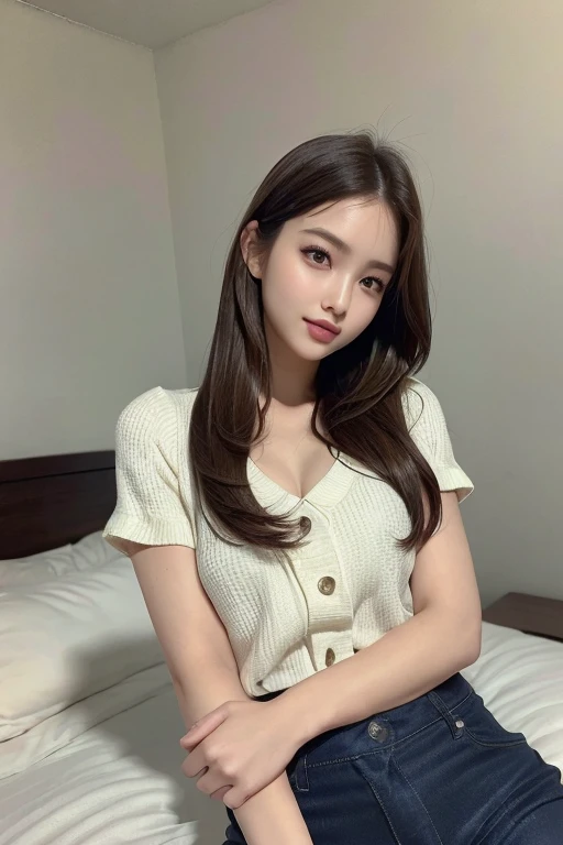 (8K, highest quality, masterpiece:1.2), (realistic, Photoreal:1.37)super detailed, one girl, cute, solo,((The chest is small)). Show off your pants, ((sleep in bed)),(nose blush), (laughter:1.20), (closed mouth), beautiful and fine eyes, (hair length: 1.2), Floating hair NovaFrogStyle