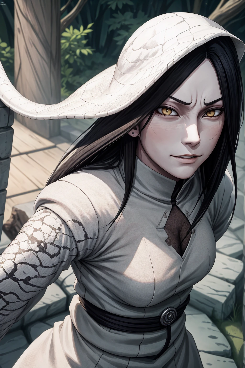 {-erro_de_anatomia:1.0} estilo anime, Masterpiece, absurdities, Orochimaru\(Naruto\), 1girl Solo, Mature woman, Oversized shirt with broad shoulders, Perfect composition, Detailed lips, large breasts, Beautiful face, body proportion, Blush, Long black hair, ( black hair), yellow eyes, Soft gauze, Super realistic, Detailed, photo shoot, Realistic faces and bodies, masterpiece, best quality, best ( white snake) illustration, hyper detailed, 1 girl, solo, glamorous, blushing, whole body,