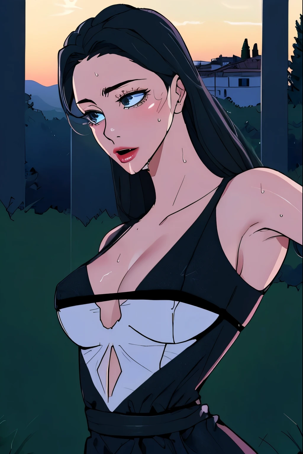 Photorealistic, mature female, (((in Italian Countryside))), (((wearing sexy little black club dress))), Detailed skin, detailed body, Natural Skin Texture, realistic skin, skin pores, intricate detail, raw photo, lifelike rendering, immersive atmosphere, chiaroscuro, moody lighting, perfect female body, ((mid shot)), Mesuki_Peropero