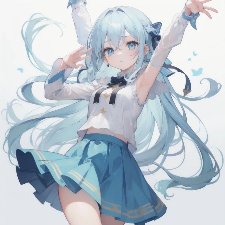 1 girl, Big eyes, long eyelashes,Light blue skirt,light blue long hair,light blue eyes, Thick white outline, Stretch your hands out and raise them, Raise your hand, No background to answer yes