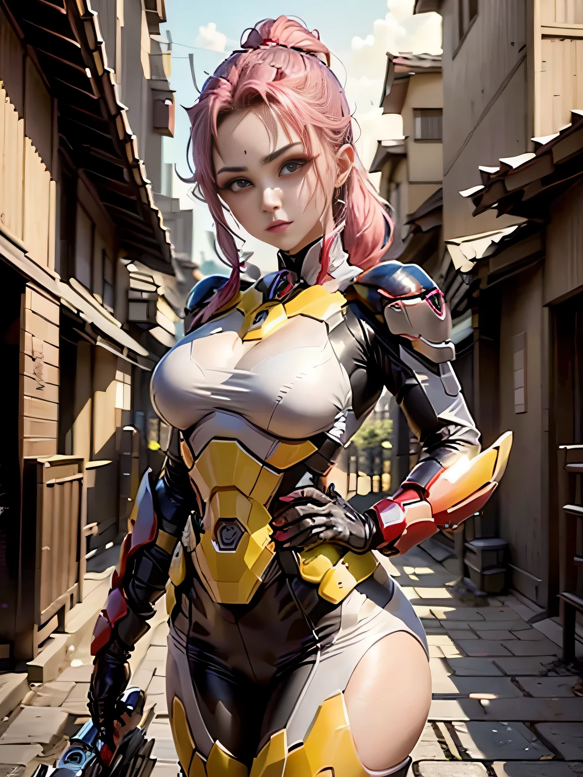 (highest quality、8K、32k、masterpiece、UHD:1.2、perfect body beauty:1.5、Wearing a futuristic hero suit with a pale pink and white shine:1.8、rain、street、Cute 25 year old Japan woman、medium breasts:1.5、ponytail、Upper body、front、simple background、looking at the viewer、dynamic pose:1.2、sunlight pours down、NSWF:1.2