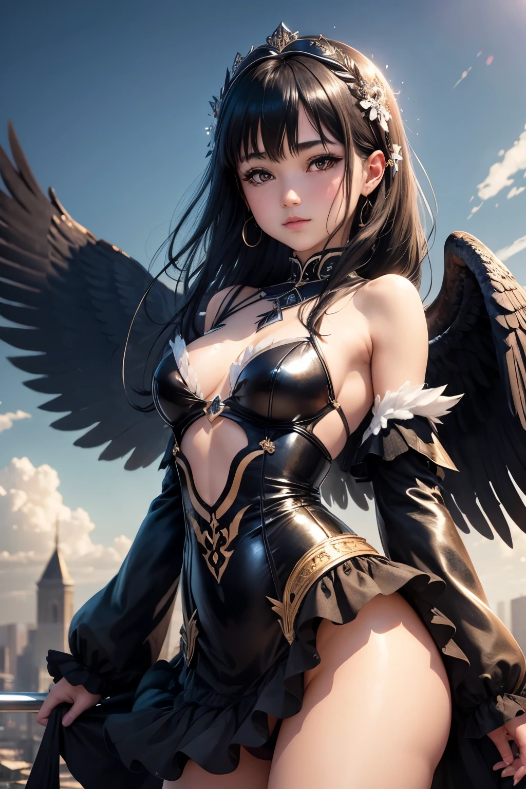 high resolution beautiful skin detailed picture pretty girl small breasts black hair Glittering dresses Tsubasa Crow's Wings sky