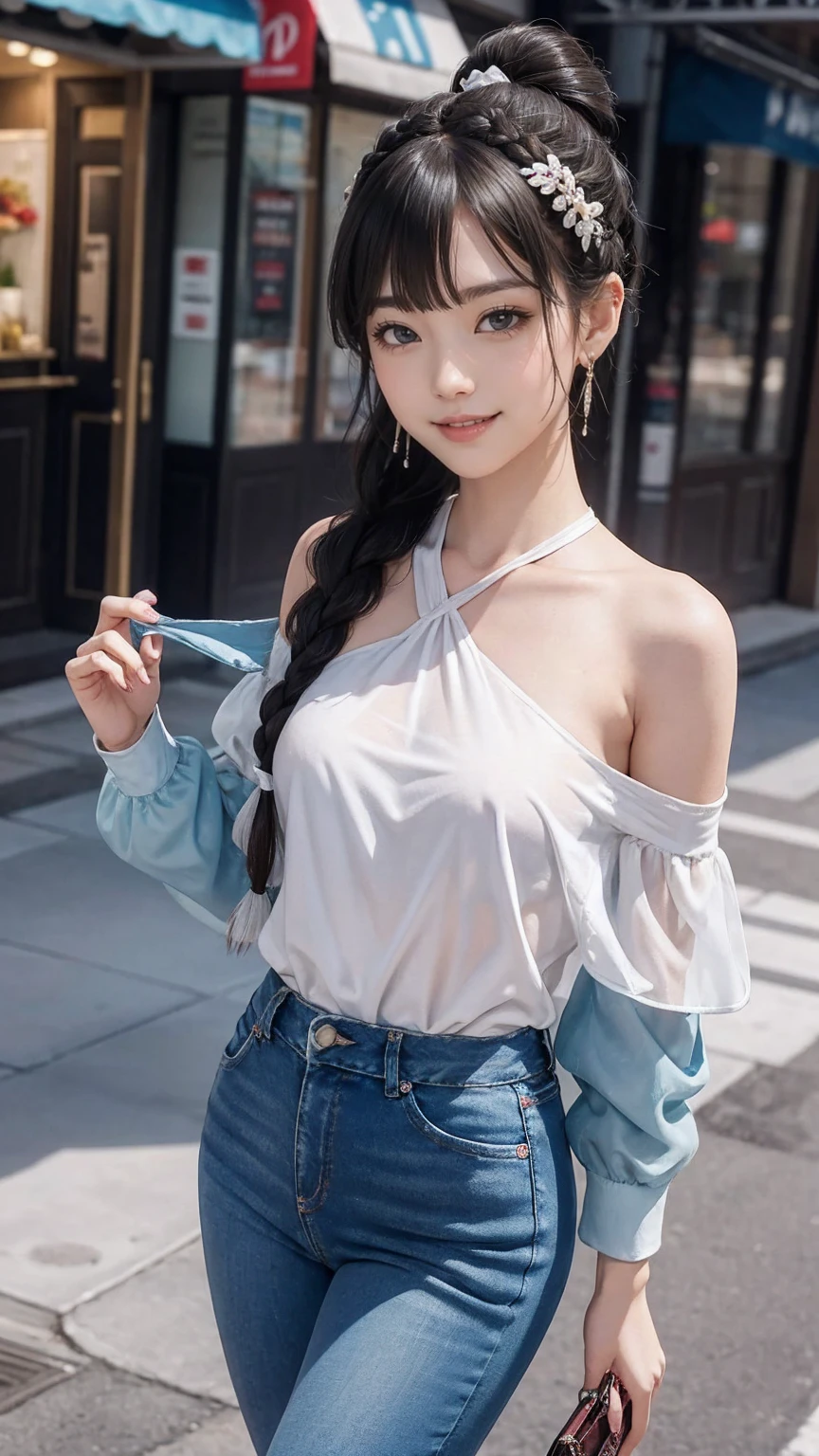 最high quality, 8K, masterpiece: 1.3, Ultra HD, high quality, 最high quality, High resolution, realism)) 、25 year old white woman、brunette、blue eyes、long hair、smile、slender、slenderだがアスリートのような細マッチョ、I don't want my head to disappear from the screen.、Wear accessories on your wrist、Wearing red nail polish、I have a peticure、aerial perspective((atmospheric perspective))、smile((smiley))、background blur((depth of field)、Wear a sheer, one-shoulder top、Wear low rise skinny jeans、Wear stiletto heels、have a clutch bag、City center background、crystal earrings((crystal earrings))、Braided ponytail((braided ponytail))、Bangs at the parting((parted bangs))、Barrette((hairclip))Put on