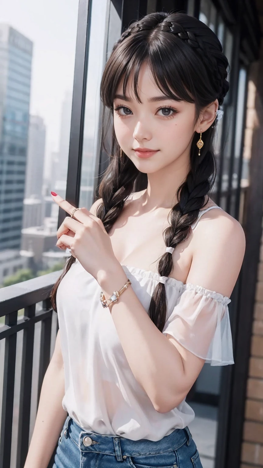 最high quality, 8K, masterpiece: 1.3, Ultra HD, high quality, 最high quality, High resolution, realism)) 、25 year old white woman、brunette、blue eyes、long hair、smile、slender、slenderだがアスリートのような細マッチョ、I don&#39;t want my head to disappear from the screen.、Wear accessories on your wrist、Wearing red nail polish、I have a peticure、aerial perspective((atmospheric perspective))、smile((smiley))、background blur((depth of field)、Wear a sheer, one-shoulder top、Wear low rise skinny jeans、Wear stiletto heels、have a clutch bag、City center background、crystal earrings((crystal earrings))、Braided ponytail((braided ponytail))、Bangs at the parting((parted bangs))、Barrette((hairclip))Put on