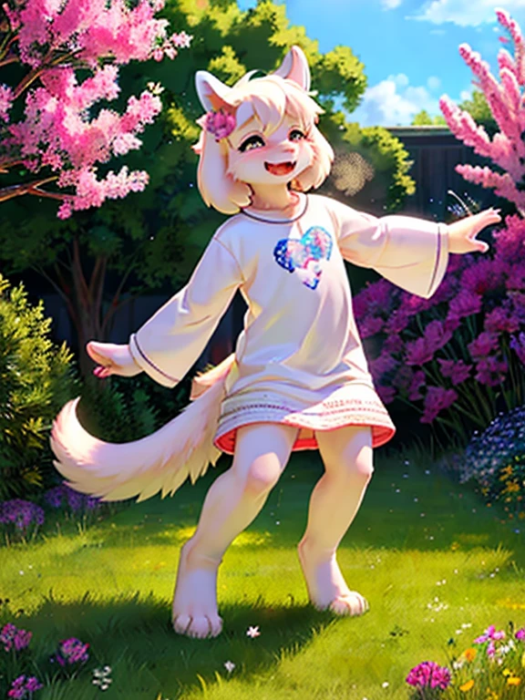 (realistic:1.37),furry female,kemono,playful expression,vibrant colored fur and tail,curious eyes,fluffy ears,friendly smile,Asriel Dreemurr from Undertale standing on a grassy meadow with flowers blooming, gentle sunlight casting warm shadows,feeling of joy and happiness,soft breeze rustling through the fur,peaceful and serene atmosphere,whimsical and fantastical setting,magical aura surrounding Asriel,captivating and dynamic pose,expressive movements and gestures,clear and sharp details,highly realistic textures,innocence and youthfulness,portraying the character's kindness and compassion,emotionally engaging,eye-catching and visually stunning,artistic interpretation of an enchanting encounter,impeccable artistic craftsmanship,picture-perfect composition,dynamic and lively colors,impeccable attention to detail,showcasing the character's personality and charm,expressing the essence of Asriel's character through the vibrant and lively depiction,an artwork that captures the magic and wonder of the world of Undertale.