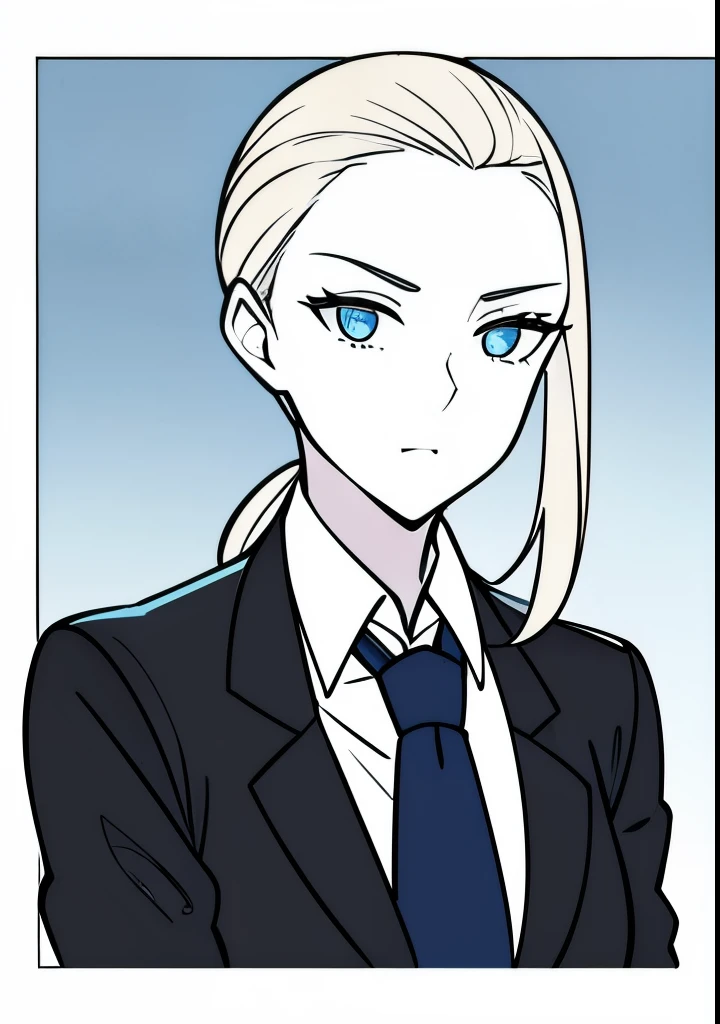 One Young Adult female, pale blonde slicked back into a short ponytail with a single bang on the left hand side, steel blue eyes, light and carefree expression, wearing black suit jacket and tie, portrait style, facing forwards