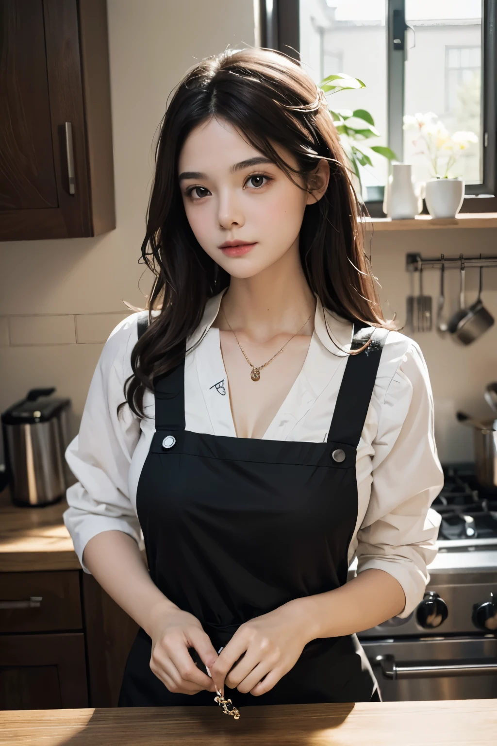 (Best quality, 8k, masterpiece: 1.3), a beautiful woman with perfect figure: 1.2, dark brown hair, wearing a pendant, wearing an apron, in the kitchen, highly detailed face and skin, detailed eyes, double eyelids, big breasts