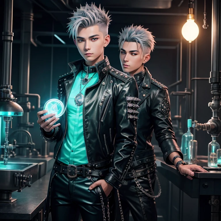 20 year old boy gray hair spiky asia sides wearing a silver tech Steampunk jacket black latex pants belt with futuristic buckle magic green eyes neon blue shirt holding a large ruby in his hand looking forward at the viewer in a laboratory background alchemy